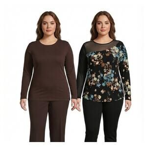 Lot of 2 Venus Lane Bryant Tops 1X 14/16 Floral Mesh Brown Long Sleeve Knit